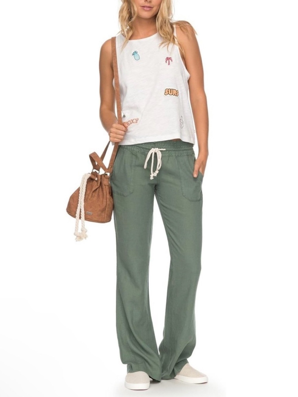 Roxy Oceanside Linen Blend Wide Leg Drawstring Pants Green L NWT